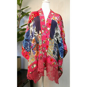 John Mark Rose Pink Floral Kimono Jacket Boho Wide Lace Accent Trim-Size Medium